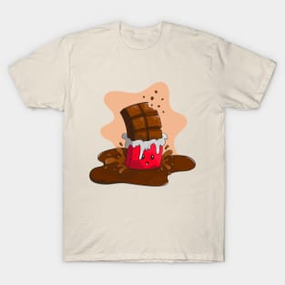 Sweet chocolate bar standing on a melting chocolate lake. T-Shirt